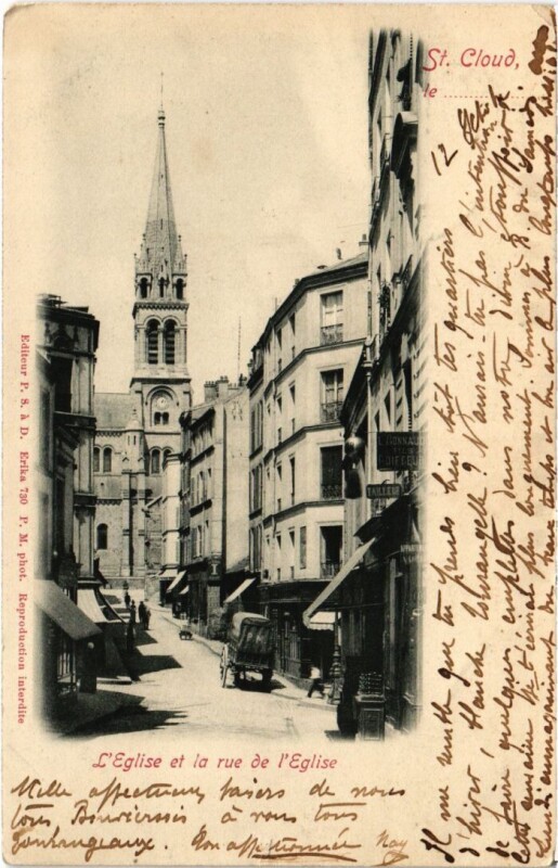 Carte postale ancienne Saint-Cloud L'Eglise et la Rue de l'Eglise à Saint-Cloud