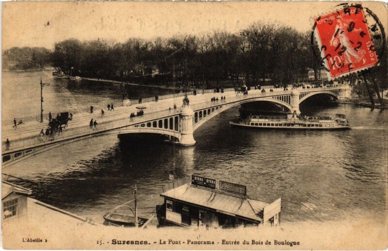 Carte postale ancienne Suresnes Le Pont - Panorama - Entree du Bois de Boulogne à Suresnes