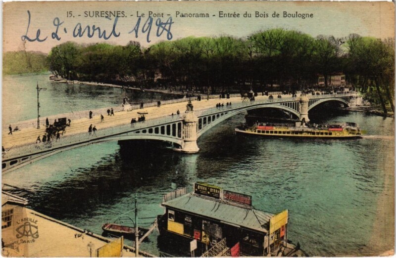 Carte postale ancienne Suresnes Le Pont - Panorama - Entree du Bois de Boulogne à Suresnes