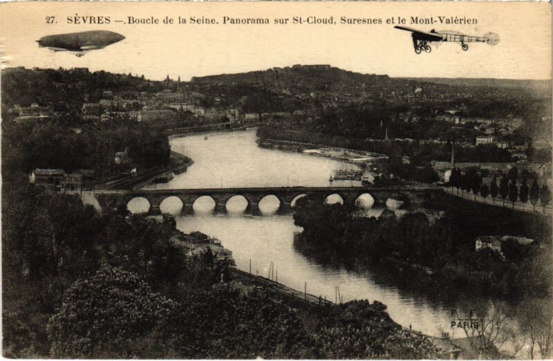 Carte postale ancienne Sevres Saint-Cloud - Suresnes - Mont-Valerien - Zeppelin Aircraft à Saint-Cloud