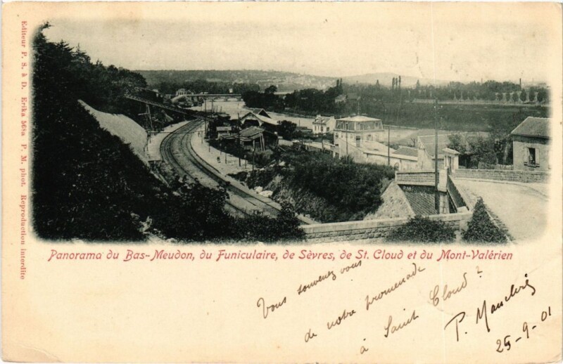 Carte postale ancienne Panorama du Bas-Meudon, du Funiculaire, de Sèvres, de St. Cloud et du Mont-Valérien à Meudon