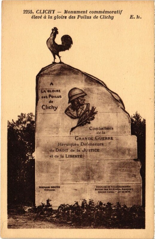 Carte postale ancienne Monument commémoratif élevé à la gloire des Poilus de Clichy à Clichy