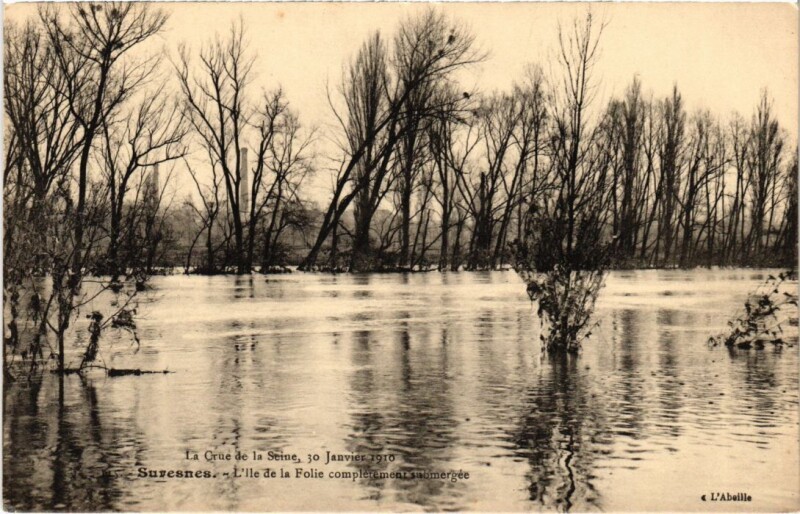 Carte postale ancienne Suresnes Inondation 1910 - L'Ile de la Folie à Suresnes