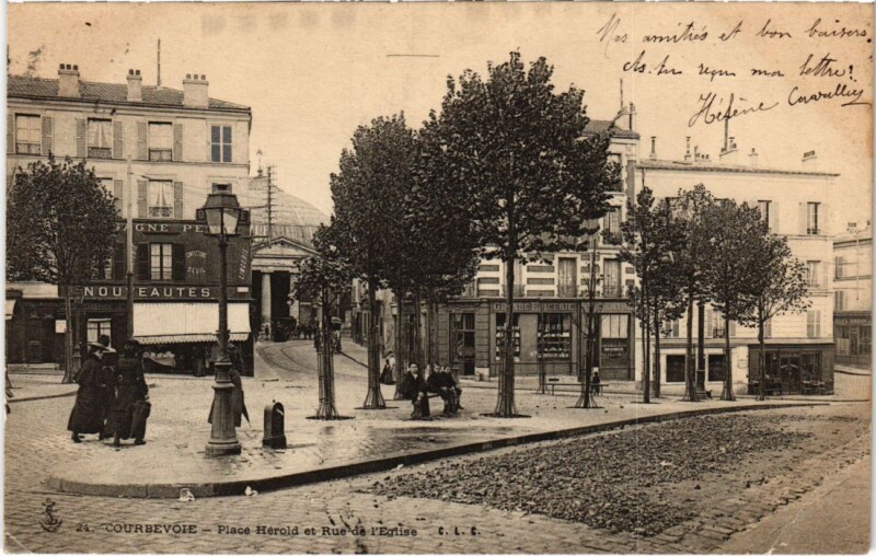 Carte postale ancienne Courbevoie Place Herold et Rue de l'Eglise à Courbevoie