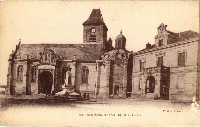 Carte postale ancienne Marines Eglise et Mairie à Marines