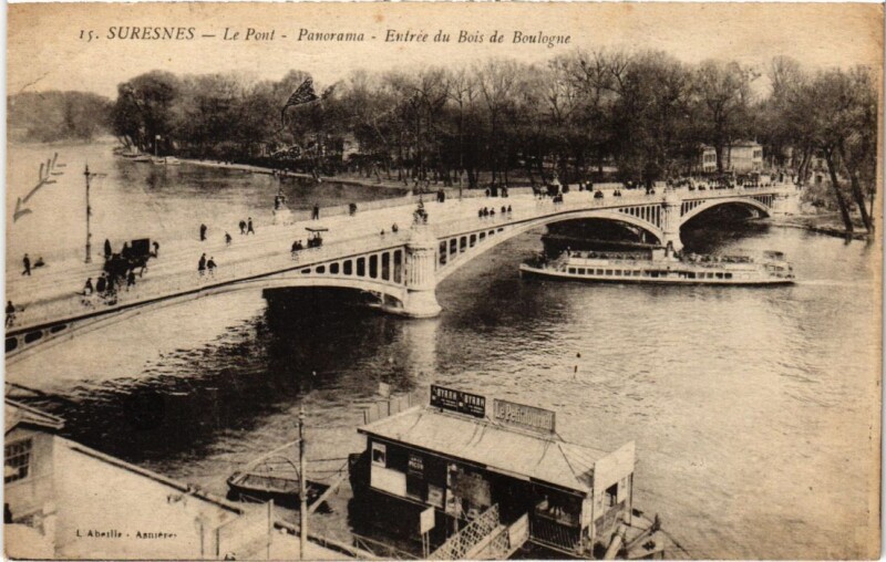 Carte postale ancienne Suresnes Le Pont - Panorama - Entree du Bois de Boulogne à Suresnes