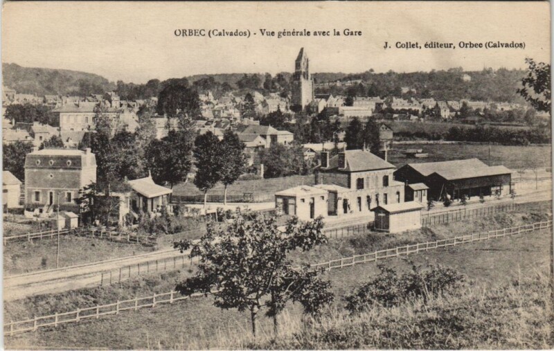 Carte postale ancienne Orbec Vue Generale avec la Gare à Orbec