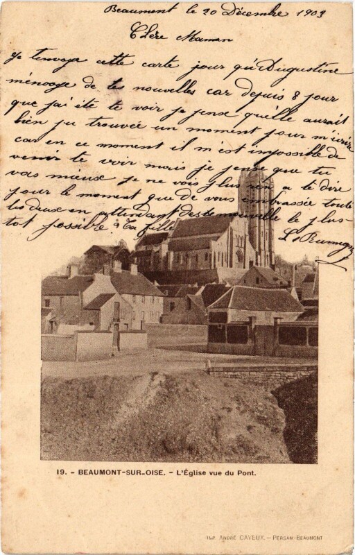 Carte postale ancienne Beaumont Eglise vue du Pont