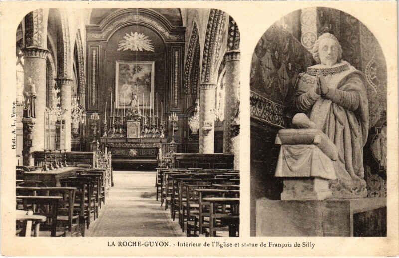 Carte postale ancienne La Roche Guyon Interieur de l'Eglise Statue Francois de Silly à La Roche-Guyon