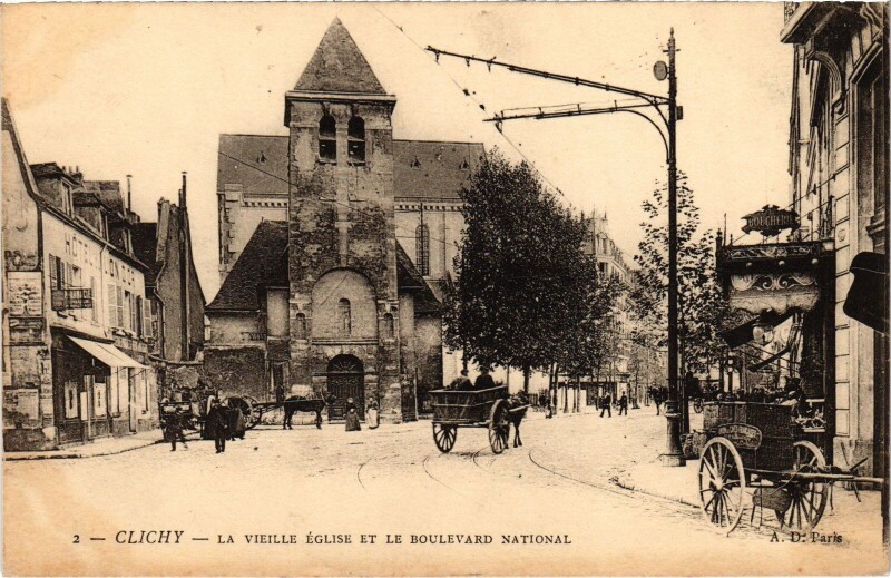 Carte postale ancienne La vieille Eglise et le Boulevard National à Clichy