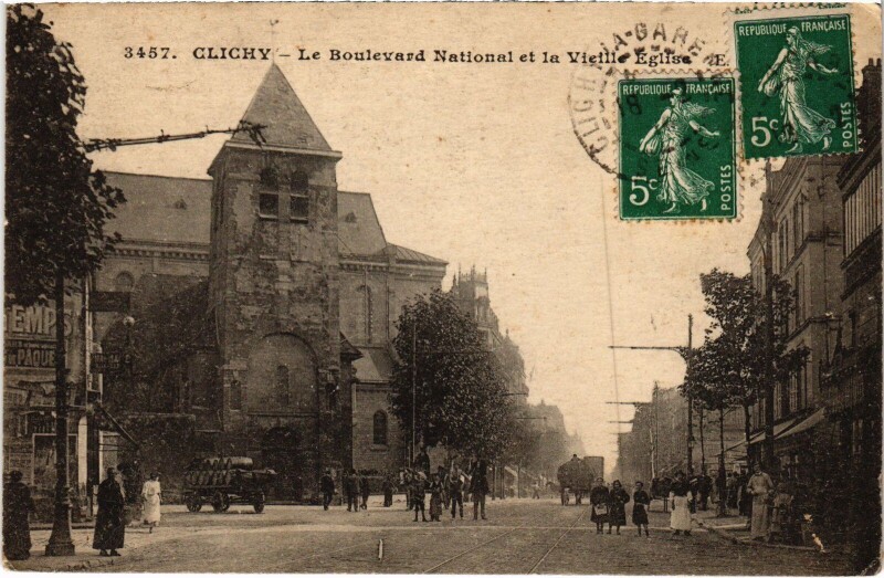 Carte postale ancienne Le Boulevard National et la Vieille Eglise à Clichy