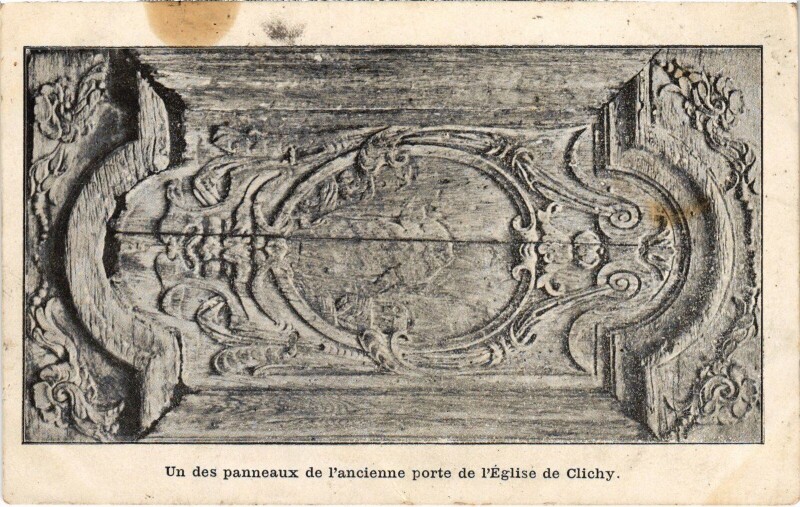 Carte postale ancienne Un des panneaux de l'ancienne porte de l'Eglise de Clichy à Clichy