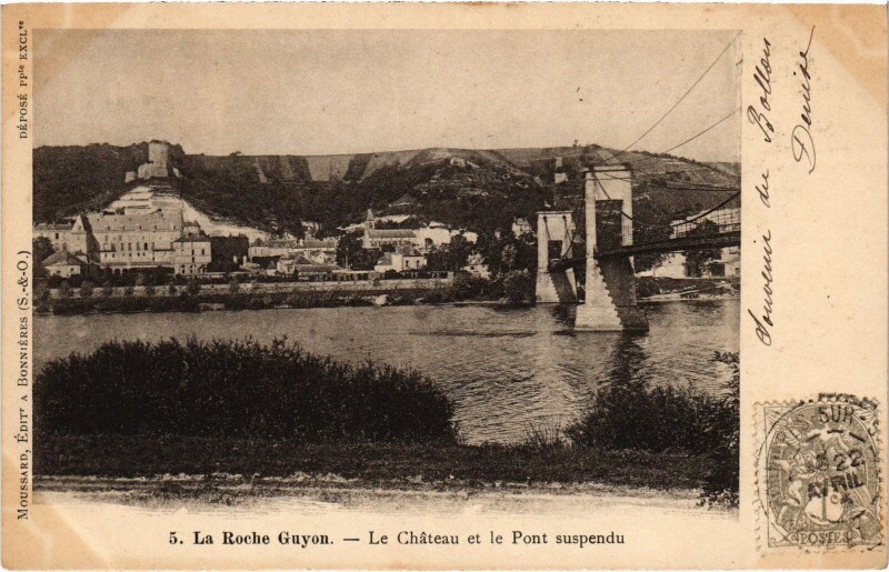 Carte postale ancienne La Roche-Guyon Le Chateau et le Pont suspendu France à La Roche-Guyon