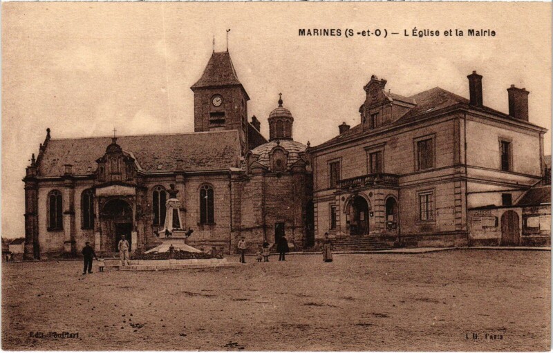 Carte postale ancienne Marines L'Eglise et la Mairie France à Marines
