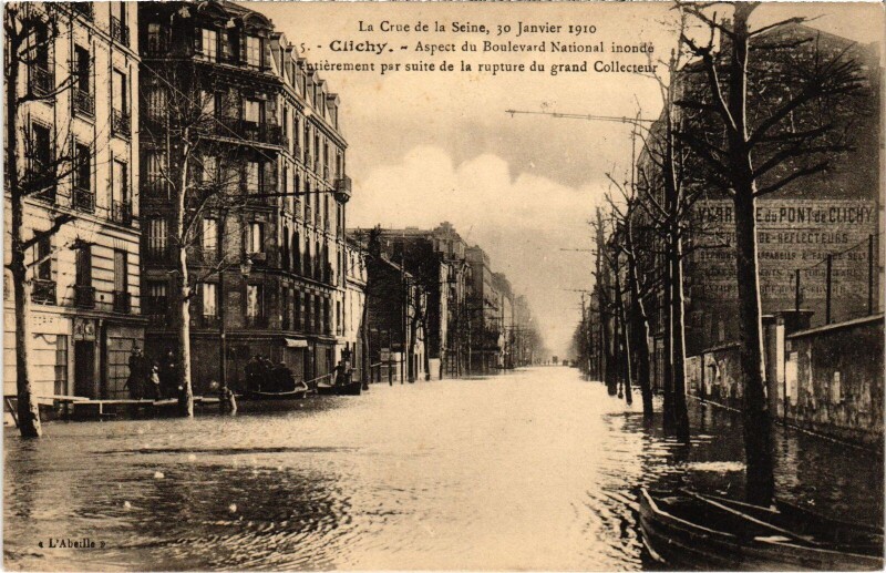 Carte postale ancienne La Crue de la Seine - Aspect du Boulevard National inondé à Clichy