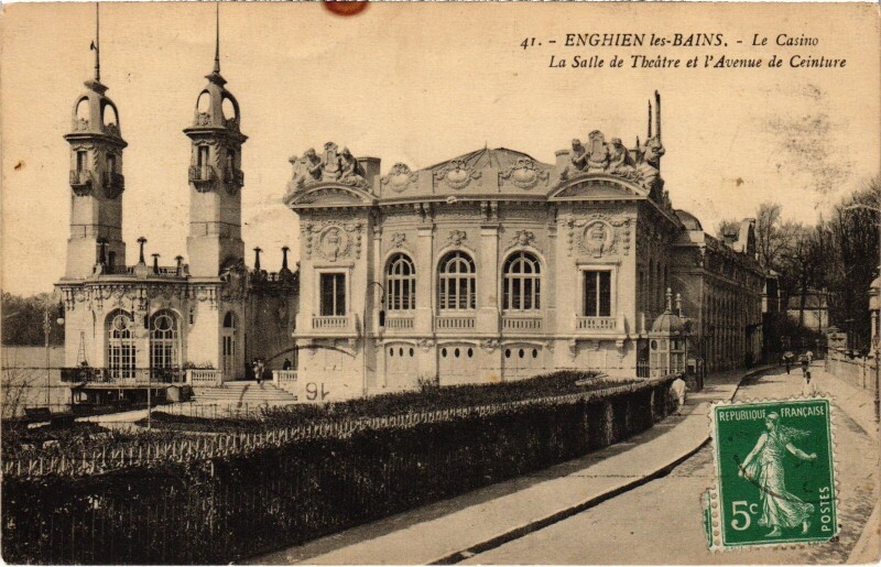 Carte postale ancienne Enghien les Bains La Salle de Theatre et l'Avenue France à Enghien-les-Bains