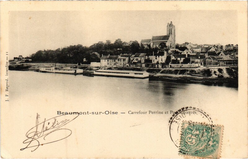 Carte postale ancienne Beaumont s Oise Carrefour Perrine et Pont France