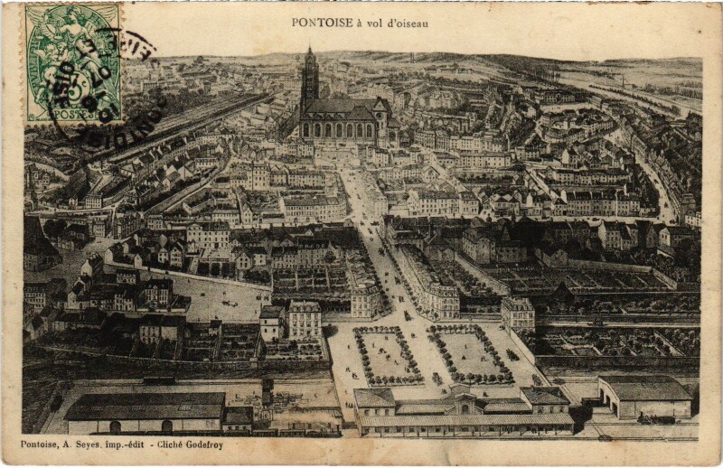 Carte postale ancienne Pontoise a vol d'oiseau France à Pontoise