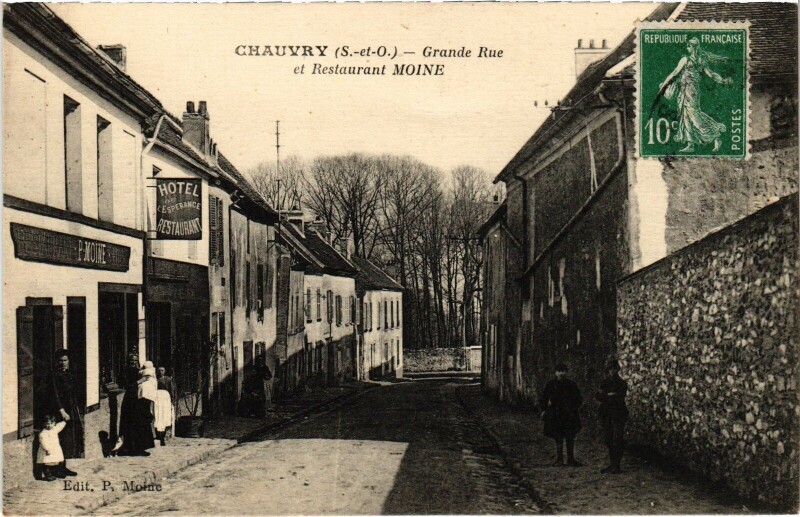 Carte postale ancienne Chauvry Grande Rue et Restaurant Moine France à Chauvry