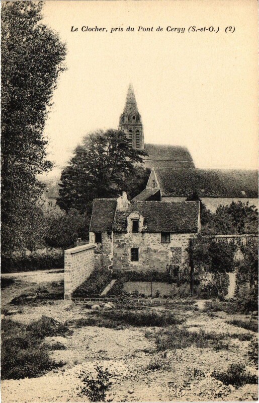 Carte postale ancienne Cergy Le Clocher, pris du Pont France à Cergy
