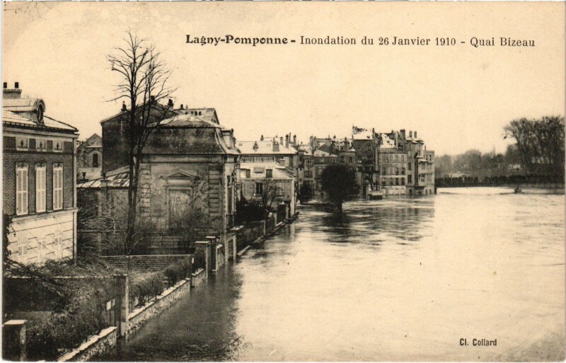 Carte postale ancienne Lagny inondations Quai Bizeau