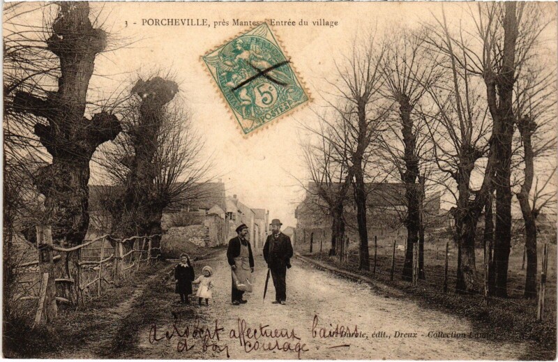 Carte postale ancienne Porcheville Entrée du Village à Porcheville