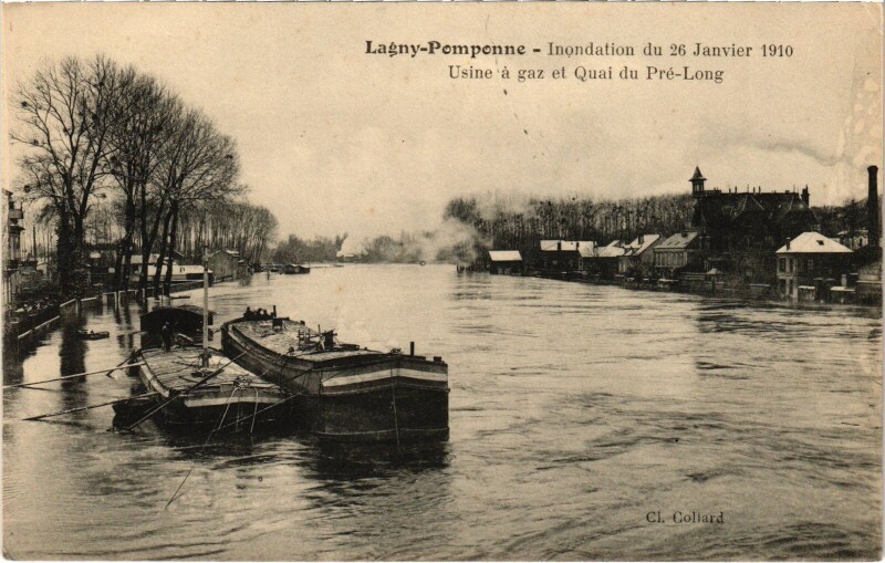 Carte postale ancienne Lagny Inondations Usine a gaz