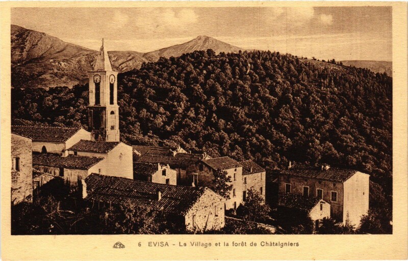 Carte postale ancienne Evisa Le Village et la Foret de Chataigniers