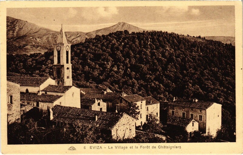 Carte postale ancienne Evisa Le Village et la Foret de Chataigniers