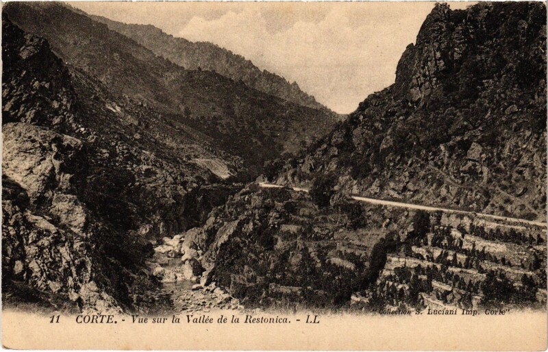 Carte postale ancienne Corte Vue sur la Vallee de la Restonica à Corte