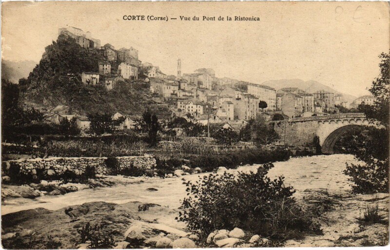 Carte postale ancienne Corte Vue du Pont de la Ristonica à Corte