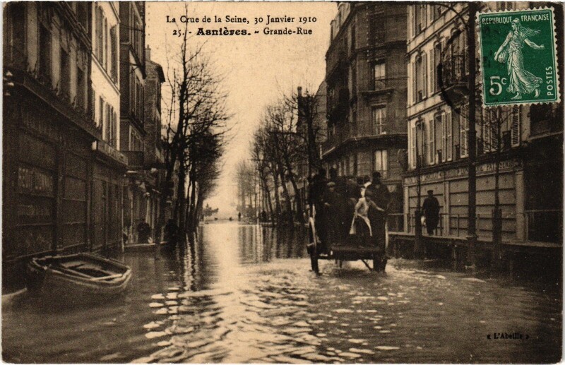 Carte postale ancienne Inondation 1910 Asnieres Grande Rue