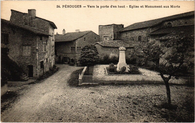 Carte postale ancienne Perouges Eglise et Monument aux Morts