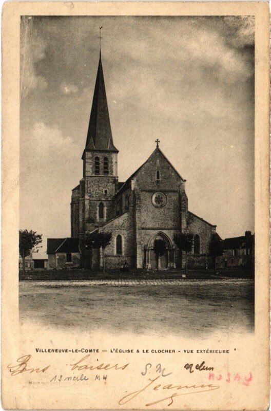 Carte postale ancienne Villeneuve-le-Comte L'Eglise et le Clocher - Vue Exterieure à Villeneuve-le-Comte