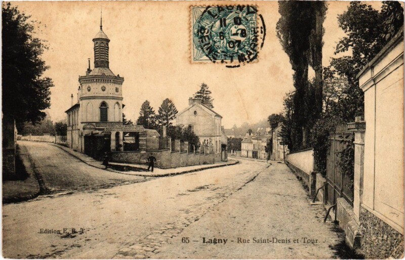Carte postale ancienne Lagny-sur-Marne Rue Saint-Denis et Tour à Lagny-sur-Marne