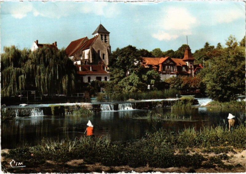 Carte postale ancienne Montigny-sur-Loing La Vanne Rouge et l'Eglise à Montigny-sur-Loing