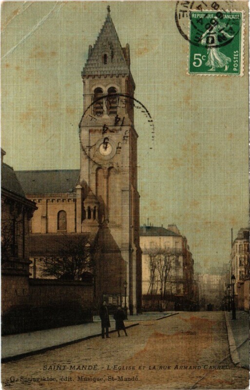 Carte postale ancienne St Mande Eglise et le Rue Armand Carrel