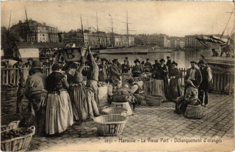 Carte postale ancienne Marseille - Le Vieux Port - Débarquement d'oranges à Marseille