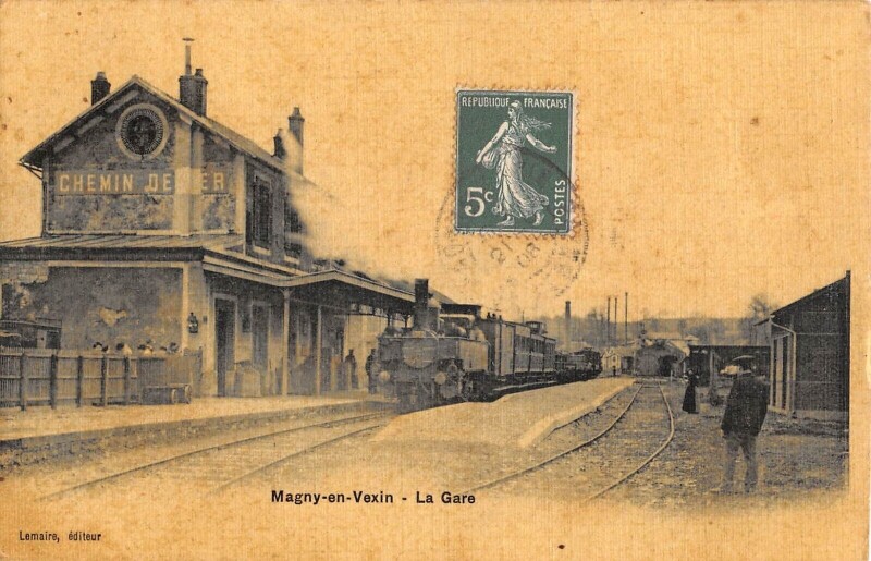 Carte postale ancienne Magny En Vexin - La Gare - Train - cpa toilée à Magny-en-Vexin