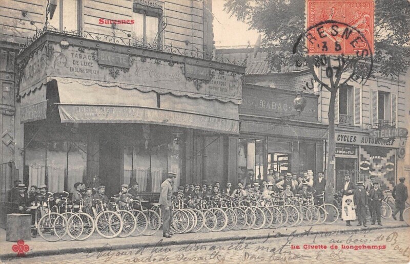Carte postale ancienne Suresnes - La Civette De Longchamps - Cafe - Cyclistes à Suresnes