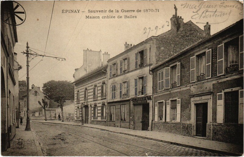 Carte postale ancienne Epinay Maison criblee de Balles