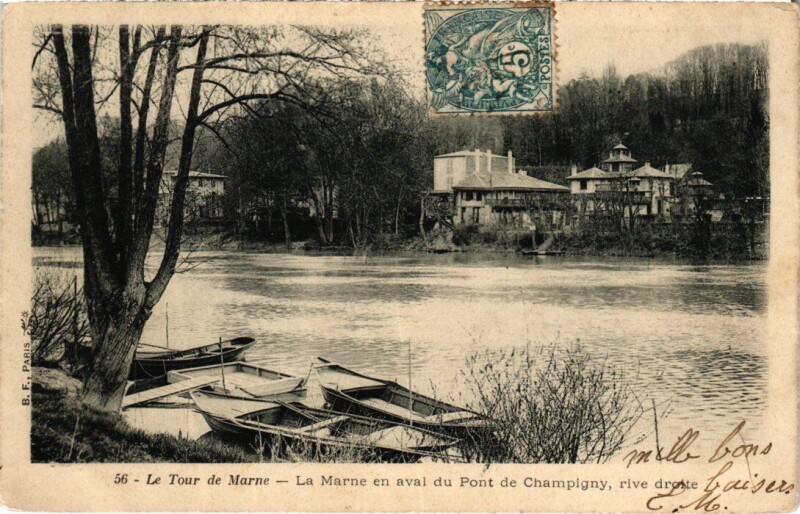 Carte postale ancienne Champigny-sur-Marne La Marne en aval du Pont - Rive Droite à Champigny-sur-Marne