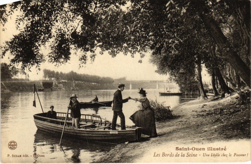 Carte postale ancienne Les Bords de la Seine - Une Idylle chez le Passeur à L'Île-Saint-Denis