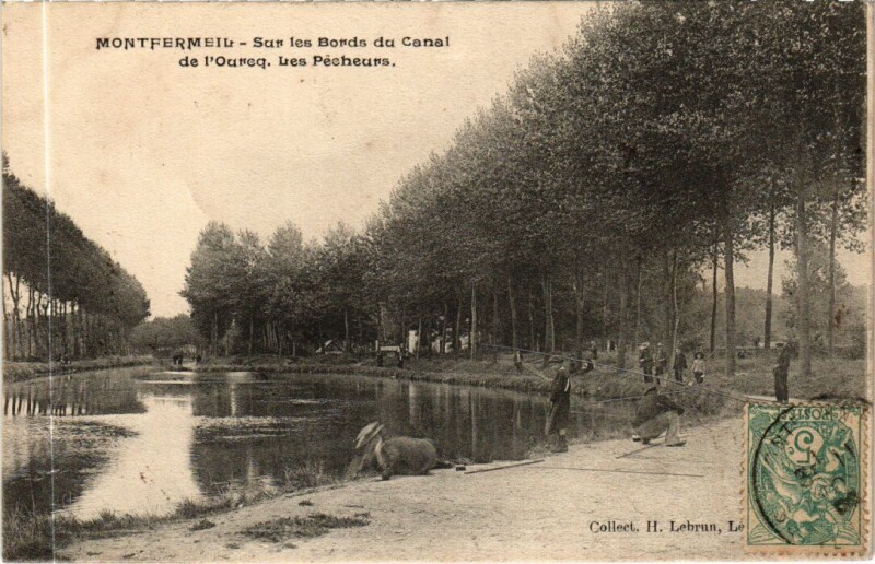 Carte postale ancienne Montfermeil Bords du Canal de l'Ourcq - Pecheurs à Montfermeil
