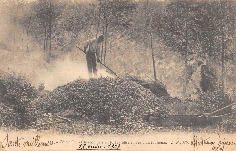Carte postale ancienne Cote D'Or - Charbonniers En Foret - Mise En Feu D'Un Fourneau