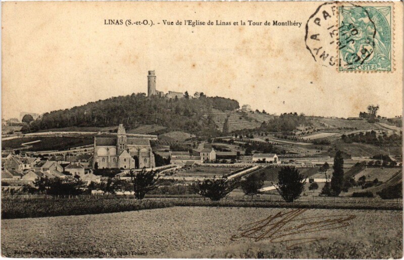 Carte postale ancienne Montlhery Vue de l'Eglise de Linas et le Tour France à Linas