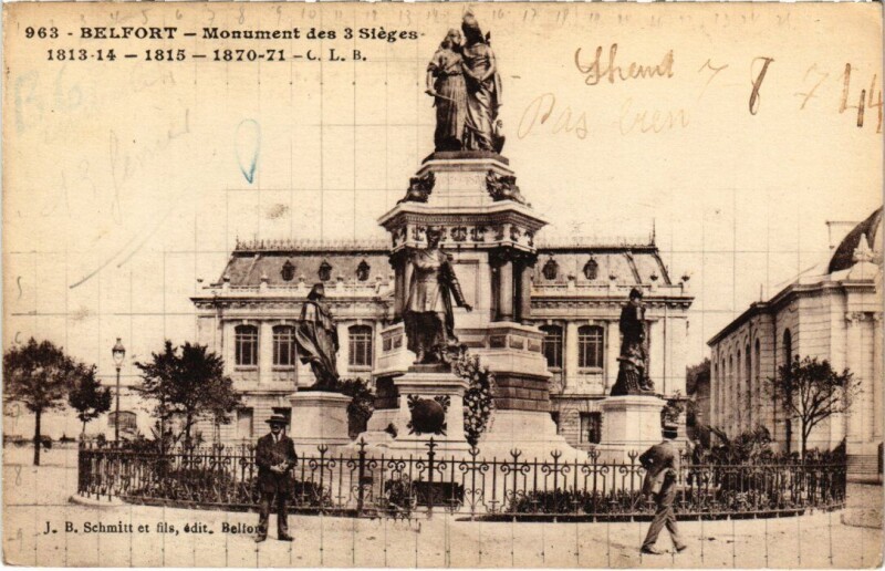 Carte postale ancienne Siege de Belfort Monument des Trois à Belfort