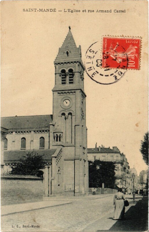 Carte postale ancienne St Mande Eglise et rue Armand Carrel