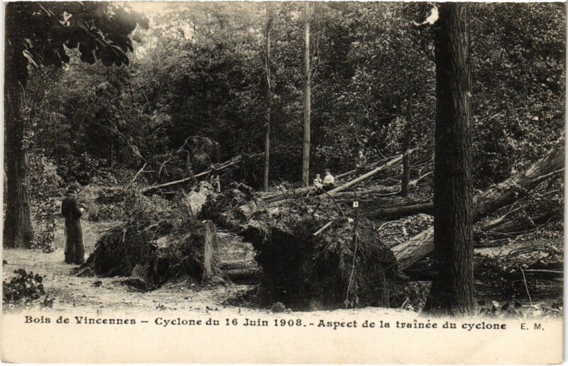 Carte postale ancienne Bois de Vincennes - Cyclone du 16 Juin 1908 - Aspect de la trainée du cyclone à Paris 12e
