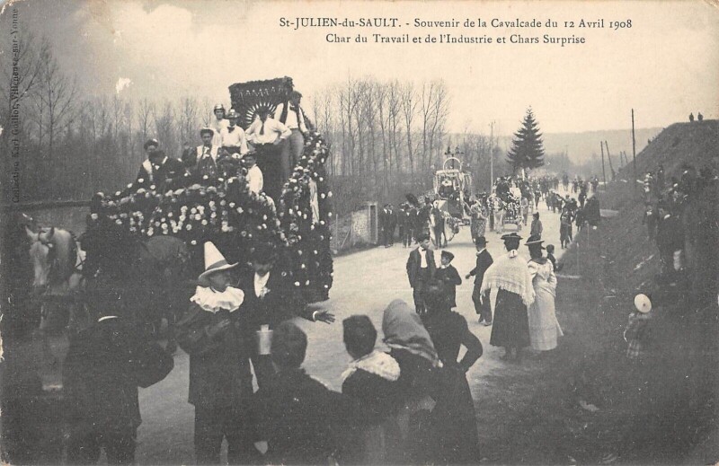 Carte postale ancienne Saint Julien Du Sault - Souvenir De La Cavalcade Du 12 Avril 1908 - Char à Saint-Julien-du-Sault